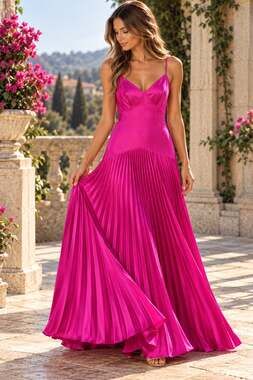 Formal Pleated satin Fuscia Maxi Dress Spaghetti Strap Gown Size 8 Wedding